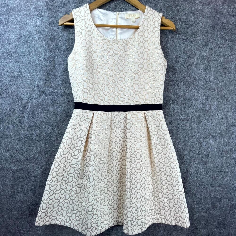 Erin Fetherston Dress 4 White Gold Pleated Metallic Classy Career Chic Luxe